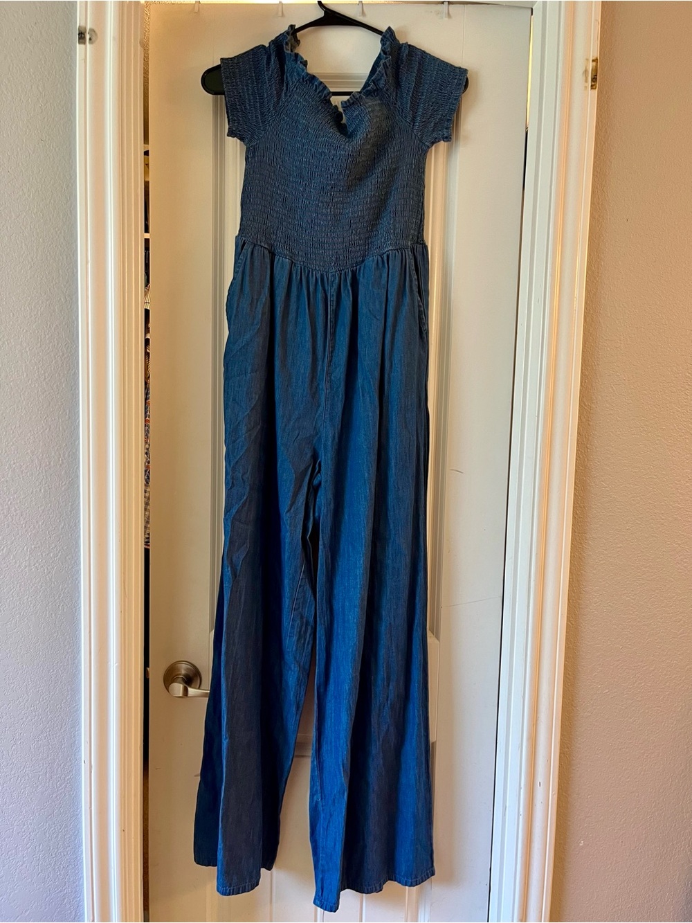 Blue Rain Smocked Off Shoulder Chambray Jumpsuit Medium Wide Leg  w/Pockets